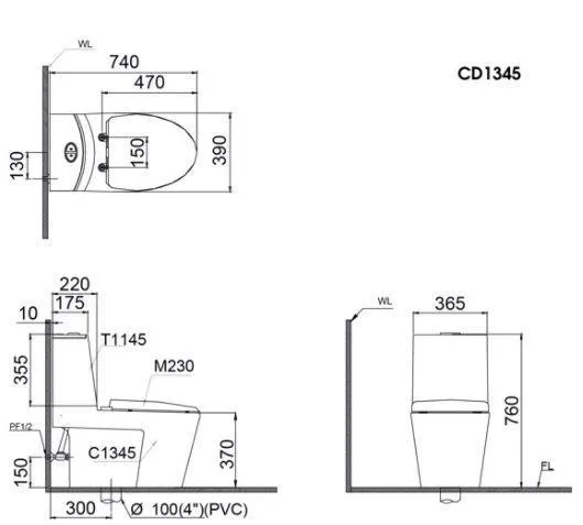 ban-ve-bon-cau-caesar-cd1345-taf400h Bản vẽ kích thước bồn cầu CD1345 nắp rửa điện tử TAF400H Caesar