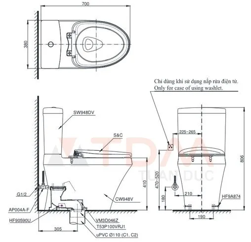 ban-ve-bon-cau-toto-cs948dt2 Bản vẽ kích thước bồn cầu CS948DT2 TOTO