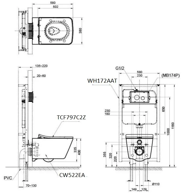 ban-ve-bon-cau-toto-cw522ea-tcf797c2z-wh172aat Bản vẽ kỹ thuật xí bệt CW522EA