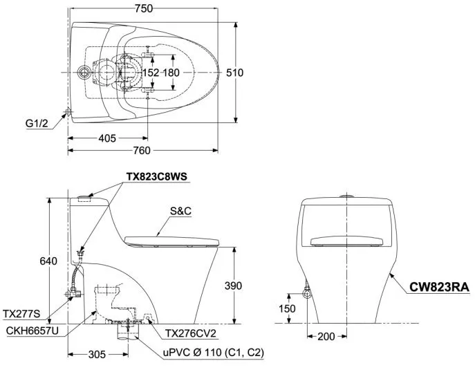 ban-ve-bon-cau-toto-ms823rat8 Bản vẽ bồn cầu TOTO C823RA nắp êm TC600VS