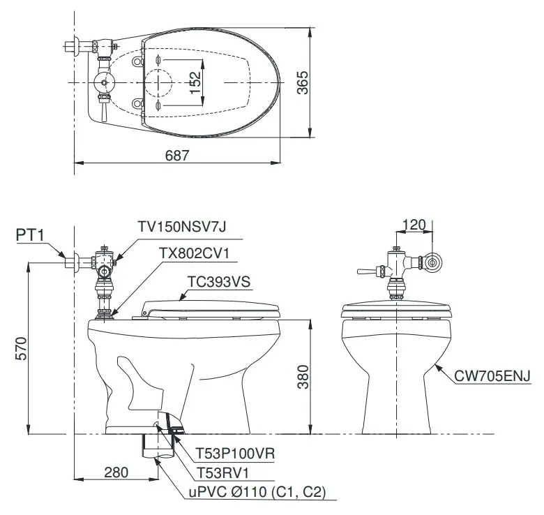 ban-ve-bon-cau-toto Bản vẽ kỹ thuật xí bệt CW705ENJ/TV150NSV7J