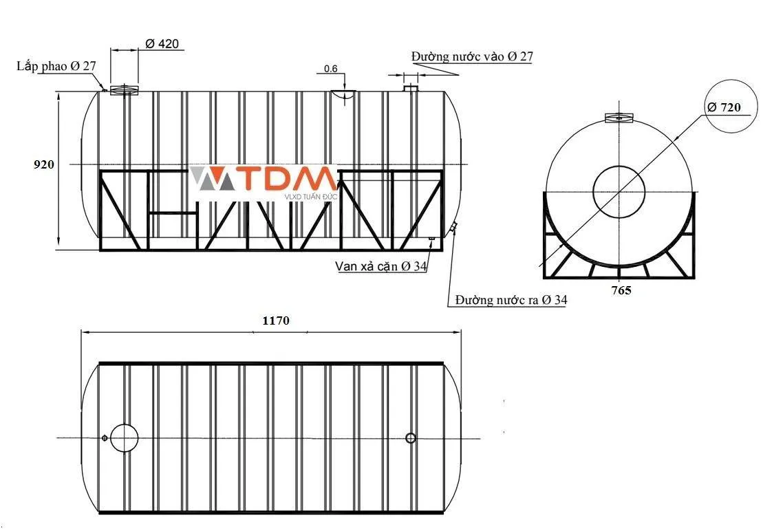 Bản vẽ téc nước inox 500 lít ngang SUS 304 Sơn Hà