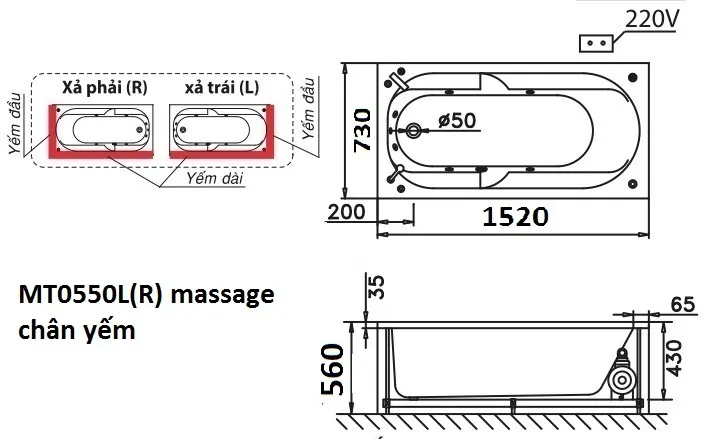 Bản vẽ kỹ thuật bồn tắm dài Caesar MT0550L(R) 1,5M