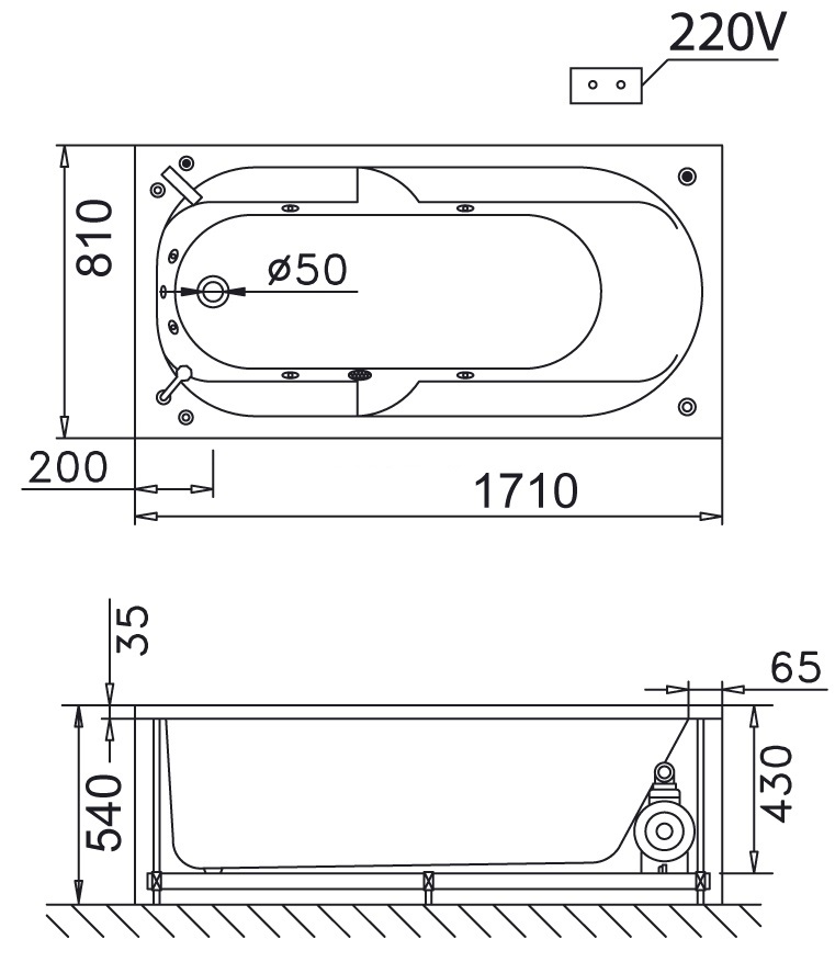 Bản vẽ kỹ thuật bồn tắm dài Caesar MT0270 1,7M