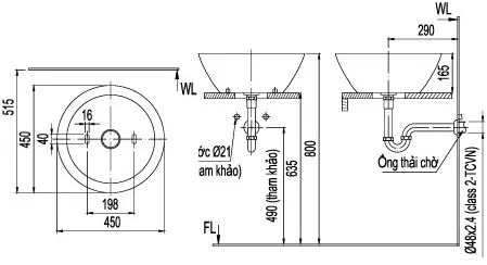 Bản vẽ bồn rửa mặt lavabo INAX L445V
