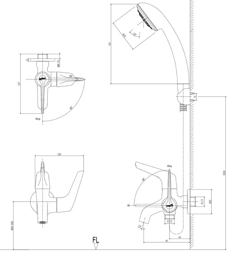 ban-ve-inax-bfv-17-8c Bản vẽ kích thước vòi sen lạnh Inax BFV-17-8C