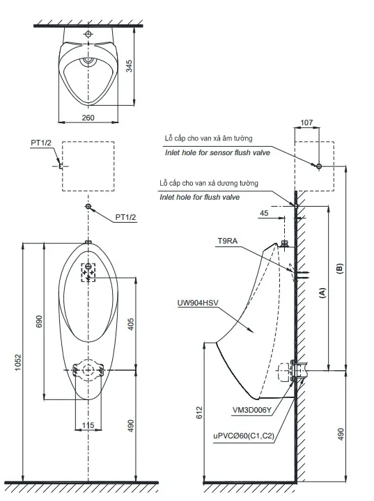 Bản vẽ kỹ thuật bồn tiểu nam TOTO UT904N