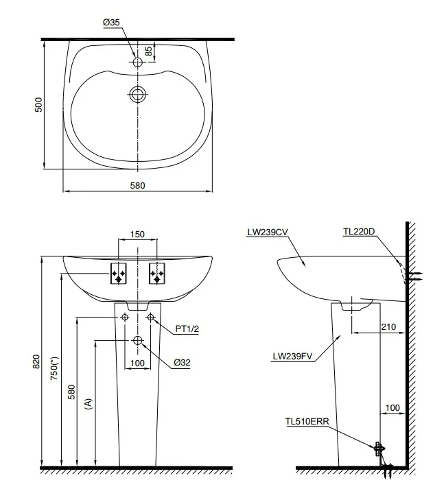 ban-ve-lavabo-toto-lpt239cr Bản vẽ bồn rửa mặt lavabo TOTO LPT239CR