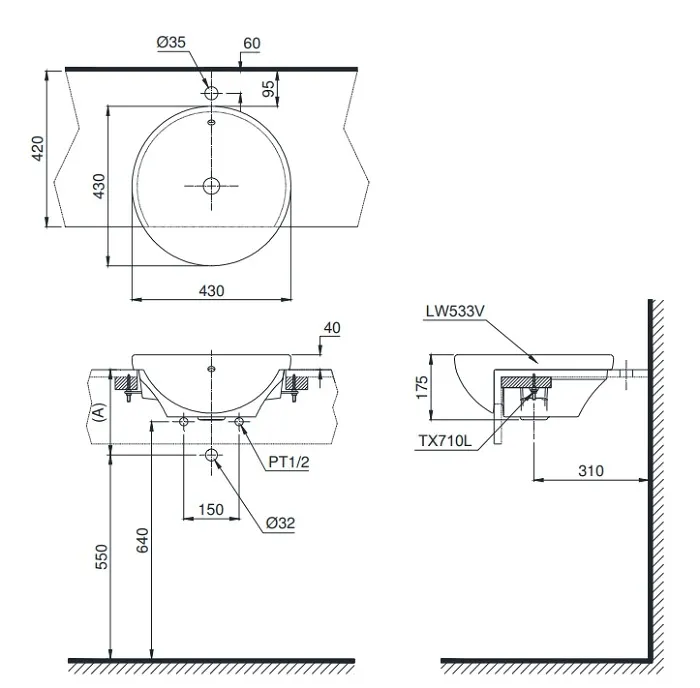 Bản vẽ bồn rửa mặt lavabo TOTO LT533