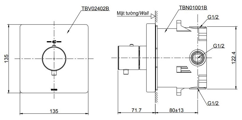 Bản vẽ van điều chỉnh nhiệt độ TOTO TBV02402B TBN01001B