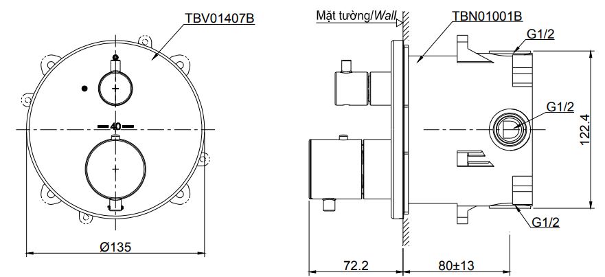 Bản vẽ van điều chỉnh nước TOTO TBV01407B/TBN01001B