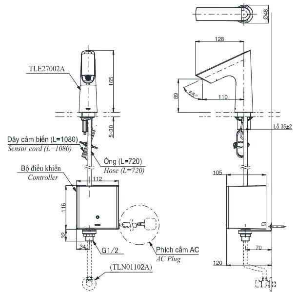 ban-ve-voi-cam-ung-toto-tle27002a Bản vẽ vòi tự động TOTO TLE27002A