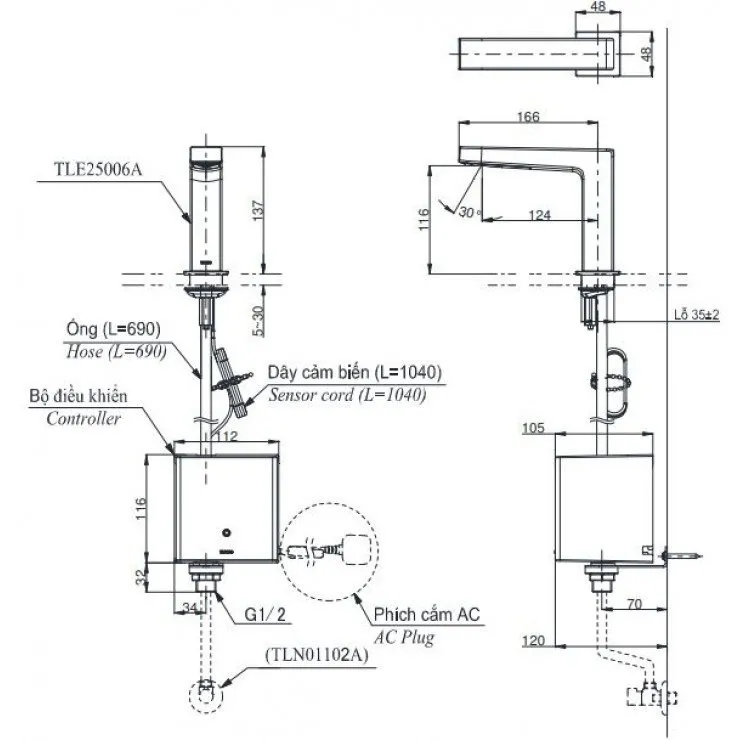 ban-ve-voi-toto-tle25006a-tle04502a1-tln01102a Bản vẽ kích thước vòi TOTO TLE25006A-TLE04502A1-TLN01102A