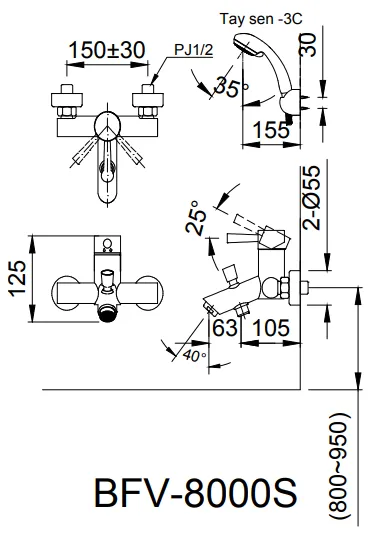 Bản vẽ kỹ thuật Vòi sen nhiệt độ INAX BFV-8000S-5C