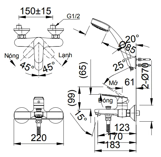 Bản vẽ kỹ thuật Vòi sen tắm nóng lạnh INAX BFV-2003S