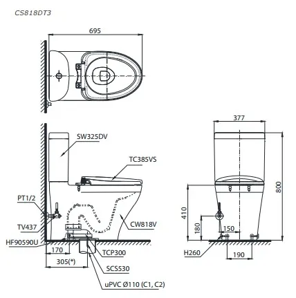 toto-cst818ds1a Bản vẽ bồn cầu TOTO CS818DT3 thùng nước S8180