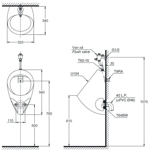 ban-ve-toto-u104w-f Bản vẽ bồn tiểu nam TOTO U104W-F treo tường