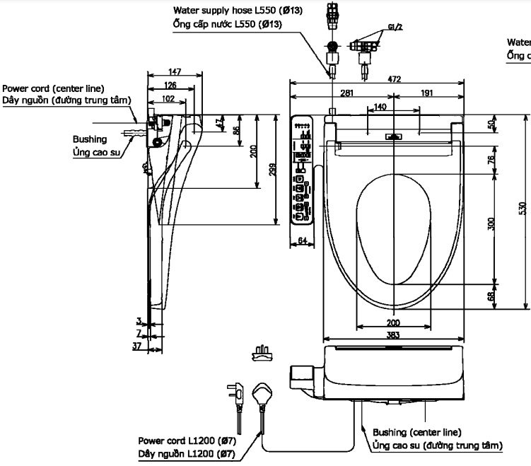 ban-ve-toto-tcf23410aaa Bản vẽ kích thước nắp Washlet TOTO TCF23410AAA C2