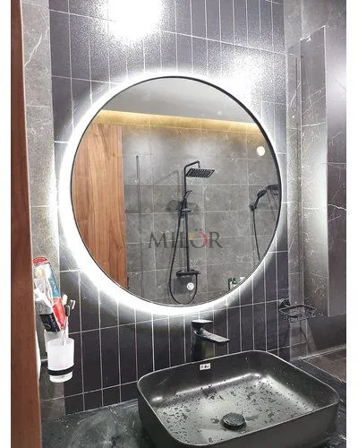 Gương tròn vành thép đen đèn led nhà tắm