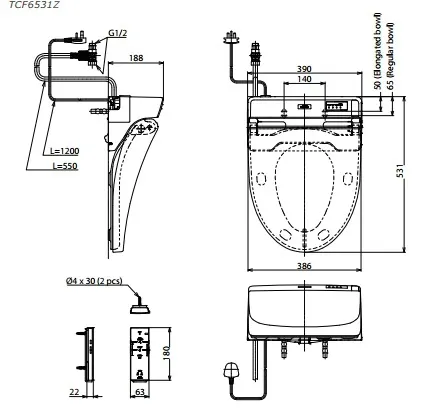 tcf6531z-toto-1 Bản vẽ kỹ thuật nắp rửa điện tử Washlet TOTO TCF6531Z