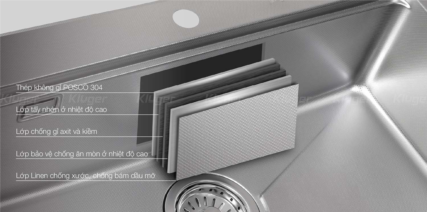 Chậu rửa bát Kluger chất liệu POSCO 304 kết hợp bề mặt LINEN.