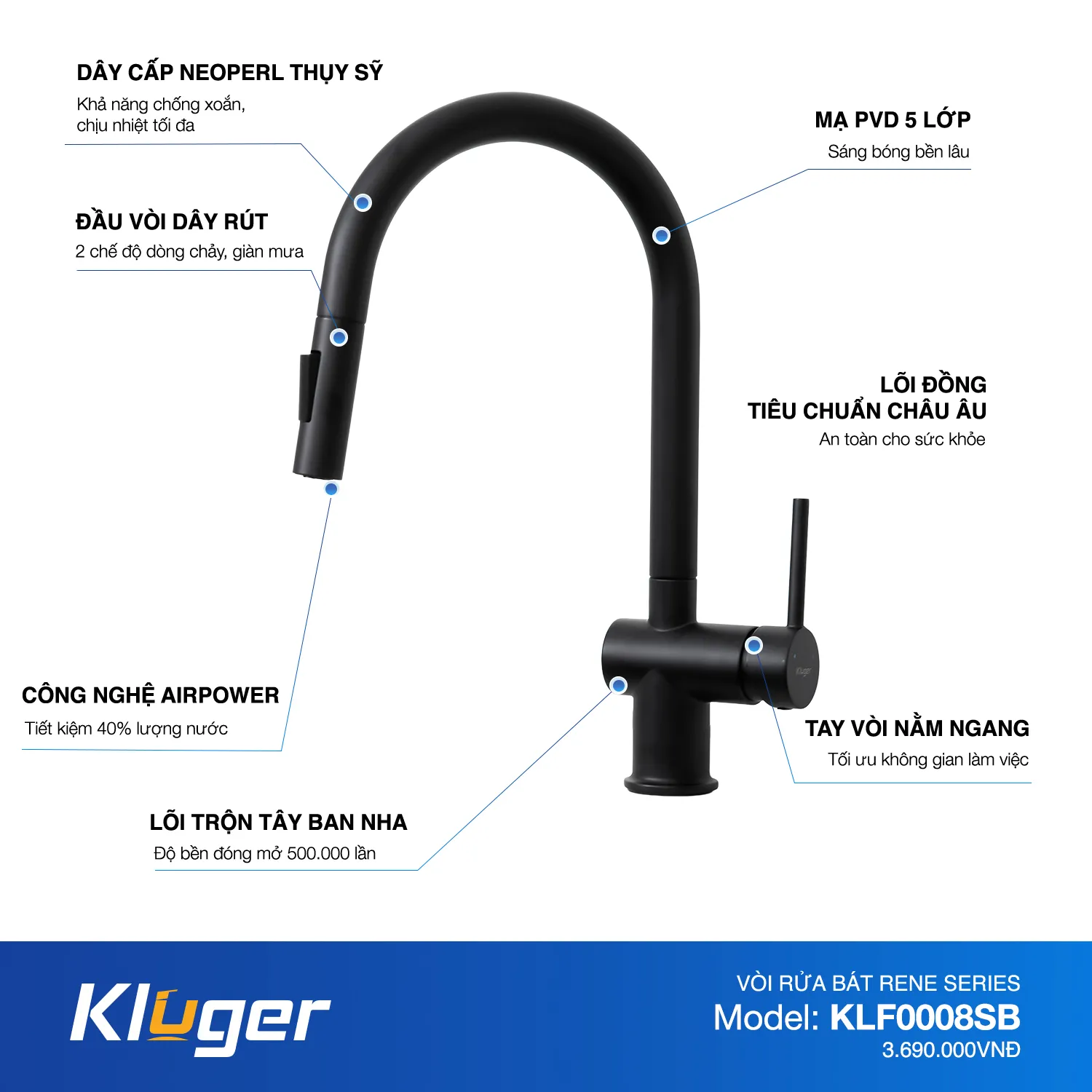 Vòi rửa bát Kluger KLF0008SB màu đen dây rút nóng lạnh thế hệ mới chi tiết