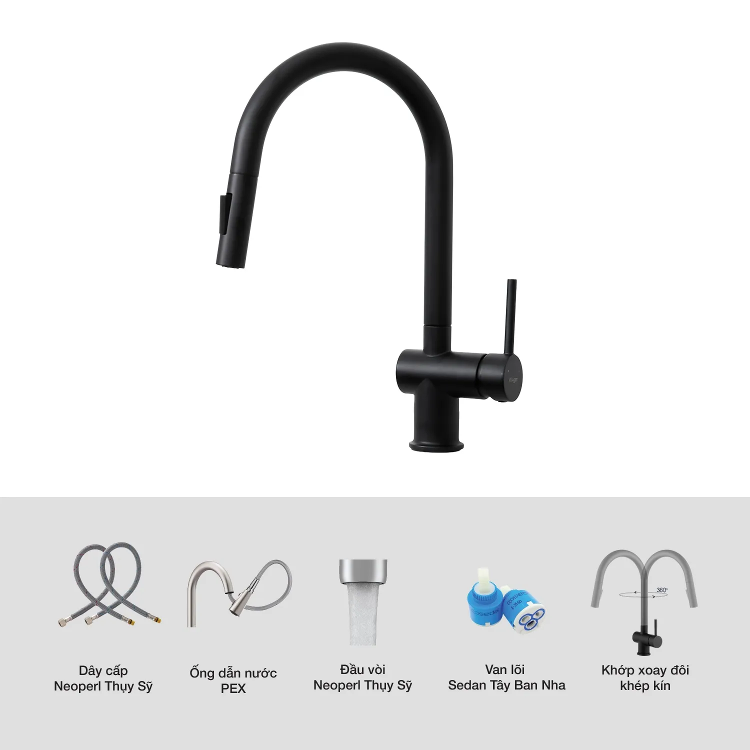 Vòi rửa bát Kluger KLF0008SB màu đen dây rút nóng lạnh thế hệ mới chi tiết