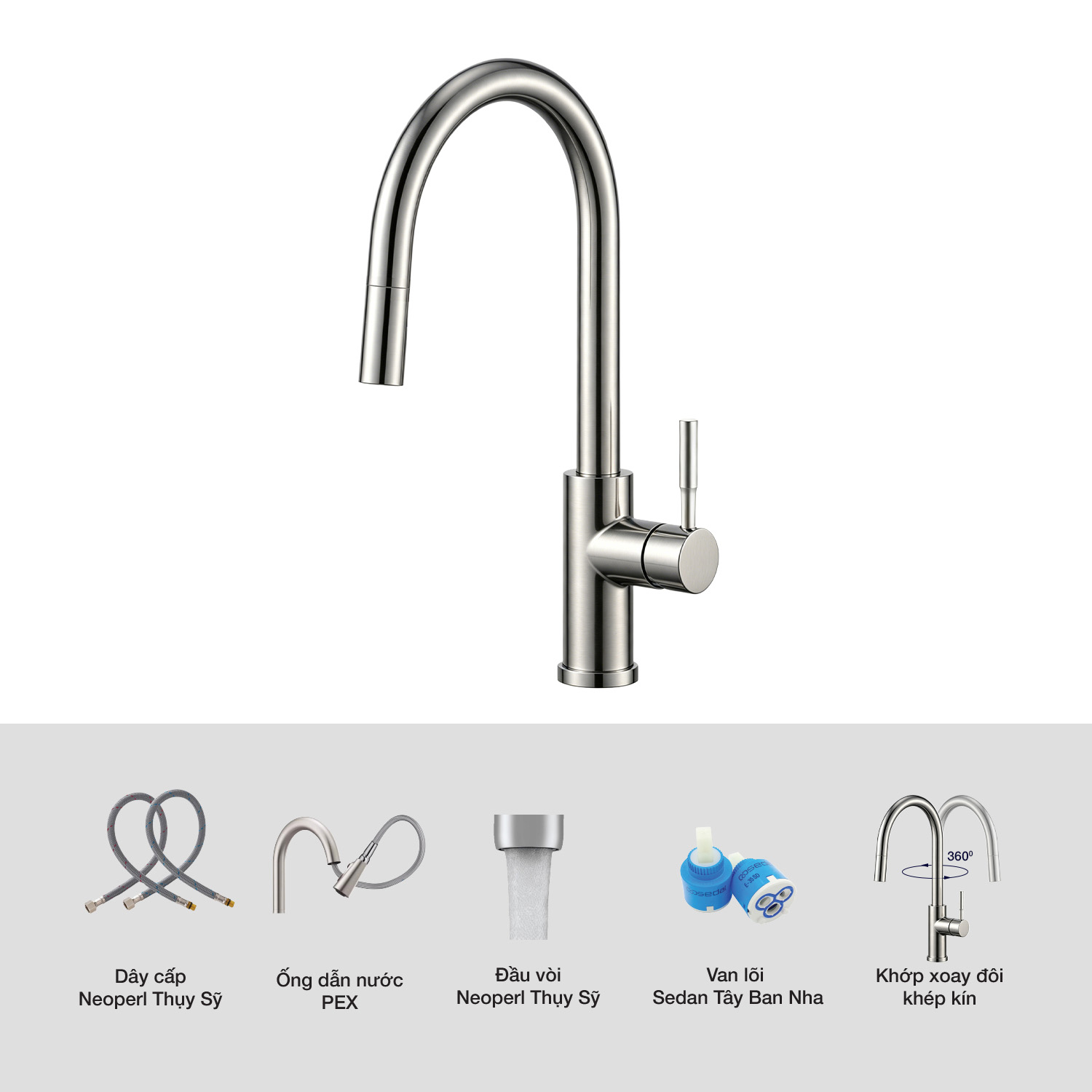 Vòi rửa bát Kluger KLF0031SS thế hệ mới, bề mặt Satin chống bám dấu vân tay
